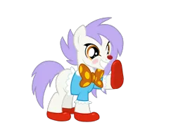 Size: 2970x2100 | Tagged: safe, artist:candy meow, derpibooru import, oc, oc:mockery, unofficial characters only, earth pony, pony, amber eyes, blushing, bowtie, clothes, clown, clown nose, colt, digital art, earth pony oc, eyeliner, foal, grin, high res, image, makeup, male, mane, png, purple hair, purple mane, purple tail, raised hoof, red nose, shirt, shoes, simple background, smiling, solo, standing, tail, transparent background, white body, white fur