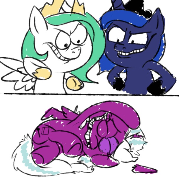 Size: 2000x1979 | Tagged: semi-grimdark, derpibooru import, princess celestia, princess luna, pony, .mov, g5, abuse, black eye, broken horn, butt, comic, horn, image, jpeg, opaline arcana, plot, pony.mov