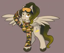 Size: 1918x1611 | Tagged: safe, artist:mscolorsplash, derpibooru import, oc, oc:sandypony, pegasus, pony, brown background, camouflage, clothes, commission, goggles, image, jpeg, open mouth, open smile, shirt, simple background, smiling, solo, spread wings, unshorn fetlocks, wings