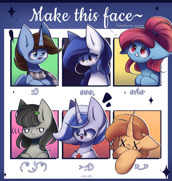 Size: 2000x2100 | Tagged: safe, artist:miryelis, derpibooru import, oc, oc:braveboi, oc:rainven wep, oc:sharfik, unofficial characters only, alicorn, earth pony, pegasus, pony, unicorn, challenge, crying, emotions, female, gift art, image, le lenny face, long hair, male, png, simple background, smiling, text