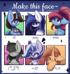 Size: 2000x2100 | Tagged: safe, artist:miryelis, derpibooru import, oc, oc:braveboi, oc:rainven wep, oc:sharfik, unofficial characters only, alicorn, earth pony, pegasus, pony, unicorn, challenge, crying, emotions, female, gift art, image, le lenny face, long hair, male, png, simple background, smiling, text