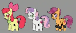Size: 2818x1220 | Tagged: safe, artist:_ton618_, derpibooru import, apple bloom, scootaloo, sweetie belle, earth pony, pegasus, pony, unicorn, bandana, cutie mark crusaders, female, filly, foal, gray background, image, jpeg, knee pads, looking at you, open mouth, open smile, simple background, smiling, smiling at you, trio