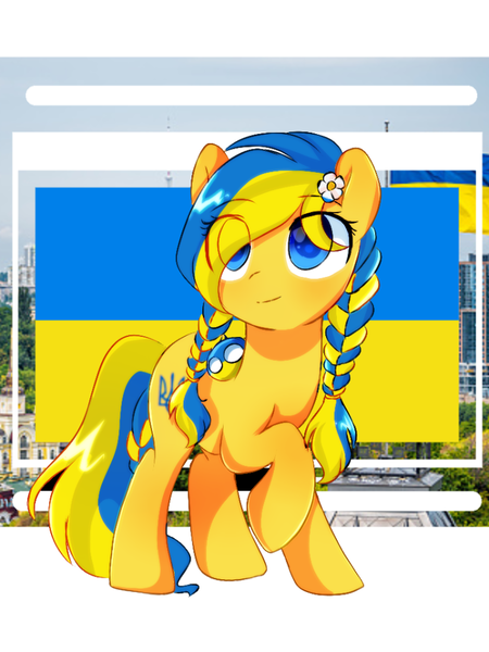 Size: 720x960 | Tagged: safe, artist:diniarvegafinahar, derpibooru import, oc, oc:ukraine, ponified, earth pony, pony, braid, duo, eye clipping through hair, female, flag, flower, flower in hair, image, mare, nation ponies, png, polandball, raised hoof, simple background, ukraine, white background