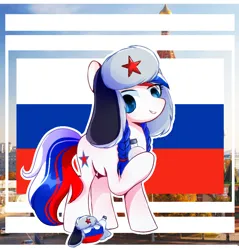 Size: 768x804 | Tagged: safe, artist:diniarvegafinahar, derpibooru import, oc, oc:marussia, ponified, earth pony, pony, alcohol, badass, braid, duo, female, flag, hat, image, mare, nation ponies, png, polandball, raised hoof, russia, simple background, ushanka, vodka