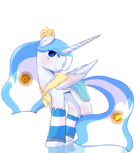 Size: 710x800 | Tagged: safe, artist:diniarvegafinahar, derpibooru import, oc, oc:princess argenta, ponified, unofficial characters only, alicorn, pony, argentina, bandana, crown, female, image, jewelry, mare, nation ponies, png, regalia, simple background, solo, white background, wristband
