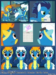 Size: 2048x2732 | Tagged: safe, artist:mistress midnight, derpibooru import, fleetfoot, soarin', spitfire, pegasus, pony, calendar, clothes, dialogue, duo, duo female, female, goggles, idea, image, locker room, lockers, looking at each other, looking at someone, male, pinup, png, promo, short comic, show accurate, stallion, torn clothes, uniform, wonderbolts, wonderbolts uniform