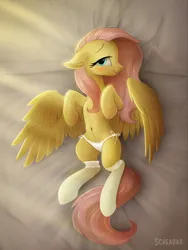 Size: 900x1200 | Tagged: suggestive, artist:scheadar, derpibooru import, edit, editor:s410, fluttershy, pegasus, pony, adorasexy, bed, bedroom eyes, belly button, blushing, clothes, cute, female, floppy ears, image, lace, lace underwear, looking at you, lying down, mare, on back, on bed, panties, png, sexy, shyabetes, smiling, socks, solo, solo female, spread wings, stockings, thigh highs, underwear, white underwear, wings