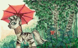 Size: 900x563 | Tagged: safe, artist:chocolatesun, derpibooru import, zecora, butterfly, insect, pony, zebra, female, forest, holding, image, png, solo, tree, umbrella