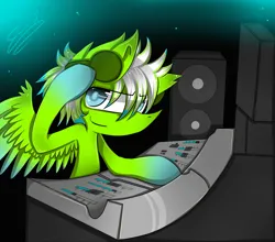 Size: 2121x1870 | Tagged: safe, artist:scootaloocuteness, derpibooru import, oc, oc:ponytronic, unofficial characters only, pegasus, pony, bipedal, dj booth, headphones, image, jpeg, male, smiling, smirk, stallion