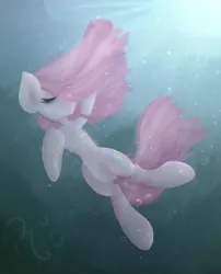 Size: 562x697 | Tagged: safe, artist:pixelsartshop, artist:pixthemallow, derpibooru import, pinkie pie, earth pony, pony, blue background, bubble, crepuscular rays, despair, eyelashes, eyes closed, female, floating, flowing mane, flowing tail, image, mare, ocean, pink mane, pinkamena diane pie, png, sad, signature, simple background, solo, sunlight, swimming, tail, underwater, water