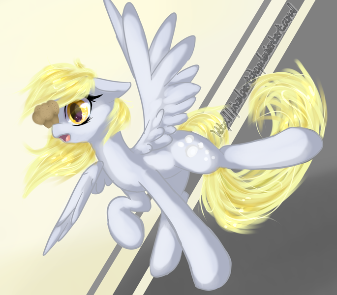 Size: 1565x1370 | Tagged: safe, artist:pixelsartshop, artist:pixthemallow, derpibooru import, derpy hooves, pegasus, pony, abstract background, balancing, female, food, image, mare, muffin, open mouth, png, ponies balancing stuff on their nose, solo, spread wings, standing on two hooves, wings