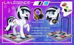 Size: 4096x2513 | Tagged: safe, artist:helmie-art, derpibooru import, oc, oc:la legrnde, unofficial characters only, earth pony, pony, dance dance revolution, headphones, image, png, reference, reference sheet