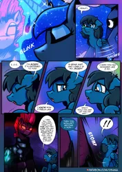 Size: 2480x3508 | Tagged: safe, artist:dsana, derpibooru import, princess luna, tempest shadow, oc, oc:lullaby dusk, alicorn, pegasus, pony, unicorn, comic:a storm's lullaby, image, png