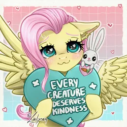 Size: 800x800 | Tagged: safe, artist:lailyren, derpibooru import, angel bunny, fluttershy, pegasus, pony, rabbit, :3, animal, blushing, heart, heart pillow, image, jpeg, looking at you, pillow, smiling, spread wings, wings