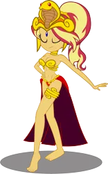 Size: 2358x3775 | Tagged: suggestive, derpibooru import, sunset shimmer, genie, human, equestria girls, bare shoulders, barefoot, belly button, belly dancer outfit, bracelet, breasts, feet, female, hand on hip, image, jewelry, png, ponytail, shantae, shantae and the pirates curse, simple background, sleeveless, snake princess outfit, solo, solo female, strapless, transparent background