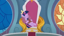 Size: 1280x720 | Tagged: safe, artist:agrol, derpibooru import, twilight sparkle, book, bookhorse, canterlot castle, crown, cute, how to be a princess, image, jewelry, png, regalia, sleeping, throne, twiabetes