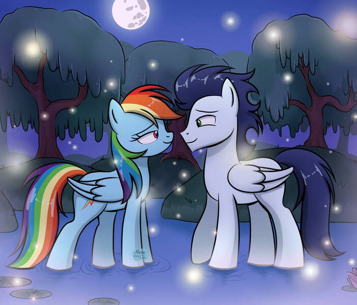 Size: 967x826 | Tagged: safe, artist:marakoruluv, derpibooru import, rainbow dash, soarin', firefly (insect), insect, pegasus, pony, female, image, jpeg, lake, looking at each other, looking at someone, male, mare, moon, night, romantic, shipping, smiling, smiling at each other, soarindash, stallion, straight, tree, water