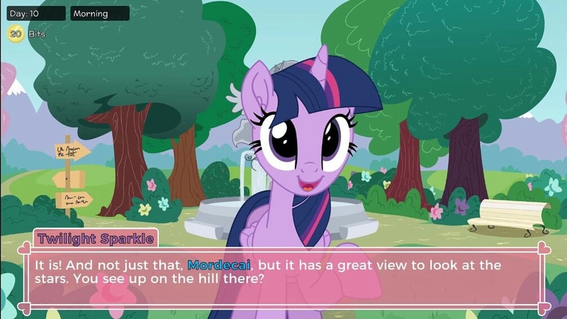 Size: 1006x566 | Tagged: safe, artist:tiarawhy, derpibooru import, twilight sparkle, pony, bench, bits, crossover, crossover shipping, dating game, dating sim, day, dialogue box, female, fountain, image, jpeg, looking at you, male, mare, mordecai, mordetwi, morning, park, park bench, pony waifu sim, raised hoof, reference, regular show, road sign, shipping, smiling, smiling at you, solo, straight, tree