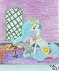 Size: 2067x2506 | Tagged: safe, artist:opti, derpibooru import, princess celestia, alicorn, atg 2023, image, inkwell, jpeg, newbie artist training grounds, newspaper, quill, scroll, solo, stain, table, traditional art, window