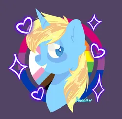 Size: 2449x2399 | Tagged: safe, alternate version, artist:hopeless silver, derpibooru import, oc, oc:skydreams, unofficial characters only, pony, unicorn, bisexual pride flag, bust, commission, female, heart, image, mare, png, pride, pride flag, solo, sparkles, ych result