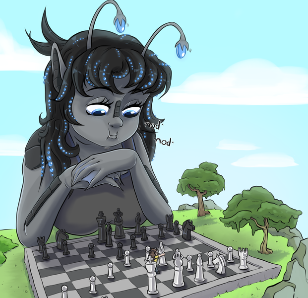 Size: 1600x1545 | Tagged: safe, artist:smirk, derpibooru import, oc, oc:caerulea, oc:orchid, oc:rebecca, unofficial characters only, human, kaiju, satyr, chess, chessboard, female, giantess, image, macro, offspring, parent:oc:orchid, png, size difference, strange waifus