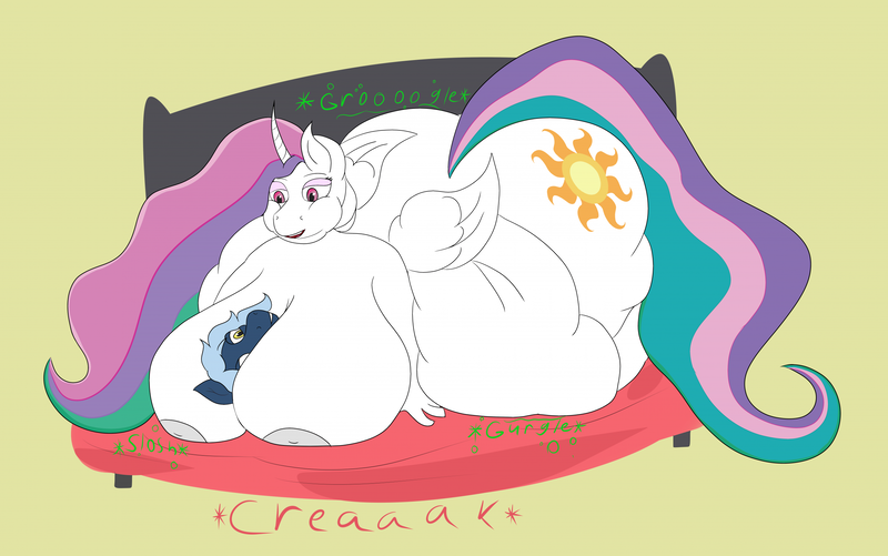 Size: 2425x1519 | Tagged: suggestive, artist:livelight, derpibooru import, princess celestia, oc, oc:kuzia, pony, bed, belly, big belly, big breasts, blob, breasts, butt, chubby cheeks, chubbylestia, curved horn, fat, fat boobs, female, horn, huge breasts, huge butt, image, large butt, lidded eyes, looking at each other, mare, morbidly obese, nipples, nudity, obese, pinned down, png, stomach noise