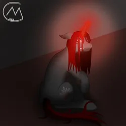 Size: 3200x3200 | Tagged: safe, artist:maître cervidé, derpibooru import, oc, oc:red snow, unicorn, darkness, female, glow, glowing horn, horn, image, long hair, long tail, png, red, solo, tail