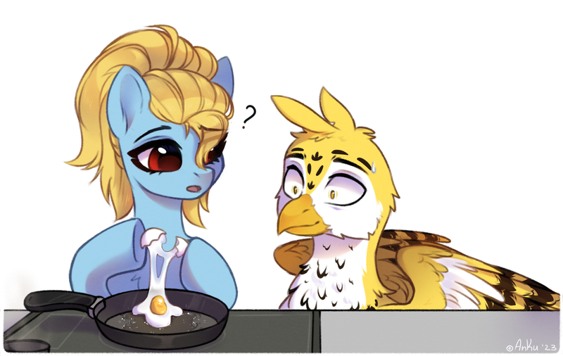 Size: 2000x1265 | Tagged: safe, artist:anku, derpibooru import, oc, oc:beaky, oc:brave blossom, unofficial characters only, gryphon, pegasus, pony, fanfic:yellow feathers, derpibooru exclusive, egg (food), food, frying pan, griffon oc, image, pegasus oc, png, question mark, shock, simple background, stove, white background, wings