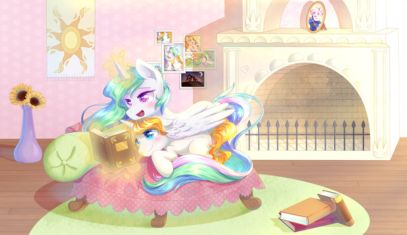 Size: 4782x2764 | Tagged: safe, artist:patchnpaw, derpibooru import, princess celestia, princess luna, oc, oc:dusty pages, alicorn, pony, unicorn, bed, blank flank, blushing, book, canon x oc, cewestia, female, filly, fireplace, flower, high res, hug, image, levitation, lying down, magic, male, mare, picture frame, png, prone, reading, stallion, sunflower, telekinesis, vase, wing blanket, winghug, wings, woona, younger