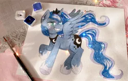 Size: 2048x1304 | Tagged: safe, artist:patchnpaw, derpibooru import, princess luna, alicorn, pony, female, grin, image, jpeg, mare, smiling, solo, spread wings, traditional art, walking, watercolor painting, wings