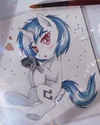 Size: 888x1107 | Tagged: safe, artist:patchnpaw, derpibooru import, octavia melody, vinyl scratch, pony, unicorn, :o, blushing, female, heart, holding, image, jpeg, looking at you, mare, open mouth, plushie, sitting, solo, traditional art, watercolor painting