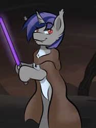 Size: 510x680 | Tagged: safe, artist:doodle-hooves, derpibooru import, oc, oc:dreaming star, unofficial characters only, bat pony, bat pony unicorn, hybrid, unicorn, bat pony oc, bat wings, bipedal, clothes, hoof hold, horn, image, jedi, jpeg, lightsaber, looking at you, outdoors, pale belly, red eyes, robe, star wars, weapon, wings