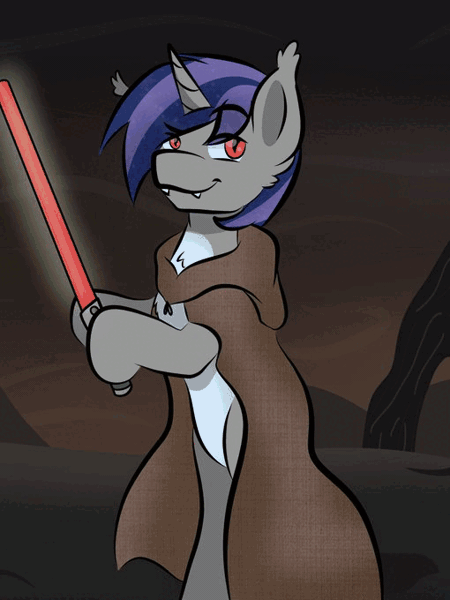 Size: 510x680 | Tagged: safe, artist:doodle-hooves, derpibooru import, oc, oc:dreaming star, unofficial characters only, bat pony, bat pony unicorn, hybrid, unicorn, animated, bat pony oc, bat wings, bipedal, clothes, gif, hoof hold, horn, image, jedi, lightsaber, looking at you, outdoors, pale belly, red eyes, rgb, robe, star wars, weapon, wings