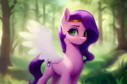 Size: 2304x1536 | Tagged: safe, derpibooru import, machine learning generated, stable diffusion, pipp petals, pegasus, pony, g5, adorapipp, ai content, cute, derpibooru exclusive, female, forest, generator:pony diffusion v4, image, jewelry, jpeg, looking at you, mare, prompter:siber, smiling, solo, tiara, tree