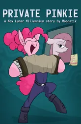 Size: 1491x2254 | Tagged: safe, artist:moonatik, derpibooru import, pinkie pie, earth pony, pony, fanfic, abstract background, accordion, alternate timeline, bags under eyes, belt, boots, clothes, dancing, fanfic art, fanfic cover, female, hair bun, happy, image, mare, mirror, musical instrument, new lunar millennium, nightmare takeover timeline, note, pants, pinkamena diane pie, png, sad, shirt, shoes, solo, story in the source, tail, tail bun