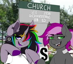 Size: 1000x878 | Tagged: safe, artist:woofpoods, derpibooru import, oc, oc:bitwise operator, oc:strobestress, unofficial characters only, bat pony, cyborg, pony, unicorn, bat pony oc, bat wings, bisexual, blue eyes, church, clothes, duo, ear fluff, female, funny, gradient eyes, green eyes, image, letter, mane, meme, meme template, multicolored hair, photo, png, pride, pride month, purple eyes, rainbow hair, shirt, smiling, t-shirt, two toned mane, white shirt, wings