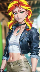Size: 864x1536 | Tagged: safe, derpibooru import, editor:sammykun, machine learning generated, sunset shimmer, human, equestria girls, ai content, blurry background, bracelet, breasts, busty sunset shimmer, choker, clothes, humanized, image, jacket, jewelry, leather, leather jacket, lips, looking at you, midriff, necklace, pants, png, prompter:sammykun, reasonably sized breasts, shirt, short shirt, smiling, white shirt