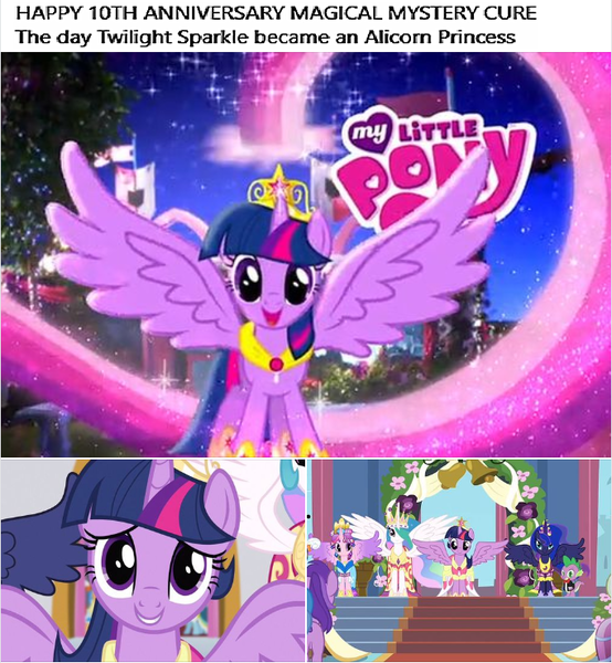 Size: 682x739 | Tagged: safe, derpibooru import, editor:incredibubbleirishguy, princess cadance, princess celestia, princess luna, spike, twilight sparkle, twilight sparkle (alicorn), alicorn, magical mystery cure, alicorn tetrarchy, crystal princess celebration, facebook, image, link in description, link in source, magical mystery cure 10th anniversary, png, princess