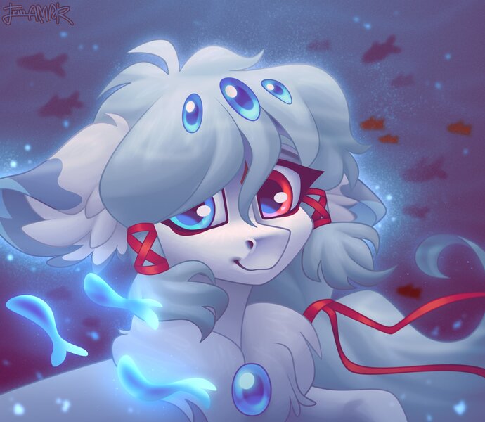 Size: 4096x3560 | Tagged: safe, artist:irinamar, derpibooru import, oc, unofficial characters only, fish, pony, bubble, chest fluff, digital art, female, flowing mane, gem, image, jpeg, looking at you, mare, ocean, signature, smiling, smiling at you, solo, underwater, water