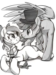 Size: 1535x2048 | Tagged: safe, artist:dimfann, derpibooru import, oc, oc:hasegawa kazumi, oc:rockyroadic, unofficial characters only, earth pony, pegasus, pony, cute, duo, grayscale, image, jpeg, monochrome, sketch, tophat