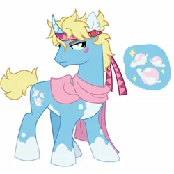 Size: 1773x1773 | Tagged: safe, artist:regularcitrus, derpibooru import, ponified, earth pony, pony, unicorn, :3, blonde hair, blonde mane, blue skin, bubble, caesar zeppeli, closed mouth, clothes, cutie mark, facial markings, green eyes, headband, horn, image, jojo's bizarre adventure, jpeg, looking at you, saturn, scarf, simple background, smiling, smiling at you, smirk, solo, sparkles, white background, white hooves