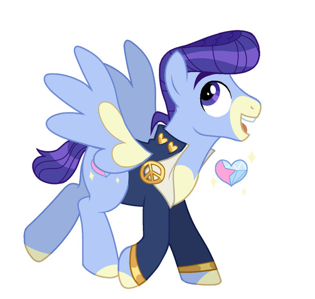 Size: 763x726 | Tagged: safe, artist:regularcitrus, derpibooru import, ponified, pegasus, pony, blue eyes, blue hair, blue mane, blue skin, clothes, coat, colored wings, cutie mark, emblem, heart, hooves, image, jacket, jojo's bizarre adventure, josuke higashikata, jpeg, looking to the left, multicolored hooves, multicolored wings, peace sign, pompadour, purple hair, purple mane, school uniform, sideways glance, smiling, solo, teeth, wings