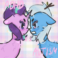 Size: 2048x2048 | Tagged: safe, artist:stanleyiffer, derpibooru import, starlight glimmer, trixie, pony, unicorn, duo, fluffy, frown, image, jpeg, looking at each other, looking at someone, side view, text