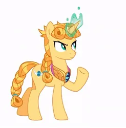 Size: 775x787 | Tagged: safe, artist:regularcitrus, derpibooru import, ponified, pony, unicorn, angry, blonde hair, blonde mane, braid, closed mouth, cutie mark, giorno giovanna, green eyes, horn, image, jewelry, jojo's bizarre adventure, jpeg, looking to the right, necklace, orange hair, orange mane, raised hoof, sideways glance, simple background, solo, teal eyes, tied hair, vento aureo, white background