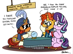Size: 2301x1692 | Tagged: safe, artist:bobthedalek, derpibooru import, starlight glimmer, stellar flare, sunburst, pony, unicorn, atg 2023, clothes, crystal ball, disguise, drink, female, fortune teller, image, male, mother and child, mother and son, mothers gonna mother, newbie artist training grounds, png, scarf, simple background, sunglasses, trio, white background