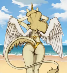 Size: 1615x1755 | Tagged: suggestive, artist:marsminer, derpibooru import, oc, oc:adora, alicorn, anthro, alicorn oc, beach, bikini, bikini bottom, bikini top, clothes, cloud, day, feathered wings, female, female oc, hair, hips, horn, image, knot, legs together, leonine tail, nudity, outdoors, pegasus wings, png, rear view, sand, shore, sky, solo, spread wings, swimsuit, tail, thighs, two-piece swimsuit, unicorn horn, waist, water, wings
