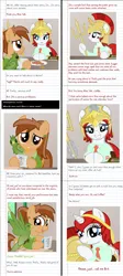 Size: 1280x2846 | Tagged: safe, artist:askbritanniamlp, derpibooru import, oc, oc:britannia, oc:coffee talk, bird, earth pony, parrot, pony, unicorn, ask britannia, female, image, mare, newspaper, png