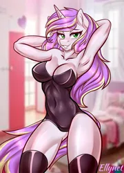 Size: 1080x1500 | Tagged: source needed, suggestive, artist:ellynet, derpibooru import, oc, unofficial characters only, anthro, arm behind head, armpits, blushing, clothes, female, horn, image, jpeg, latex, latex leotard, latex stockings, leotard, looking at you, socks, solo, solo female, stockings, thigh highs