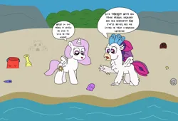 Size: 3216x2188 | Tagged: safe, artist:supahdonarudo, derpibooru import, princess celestia, queen novo, alicorn, classical hippogriff, hippogriff, pony, my little pony: the movie, atg 2023, beach, bucket, coconut, dialogue, duo, female, filly, fledgeling, foal, food, foreshadowing, image, newbie artist training grounds, ocean, pink-mane celestia, png, sand, sandcastle, shell, shovel, speech bubble, talking, text, water, young celestia, younger