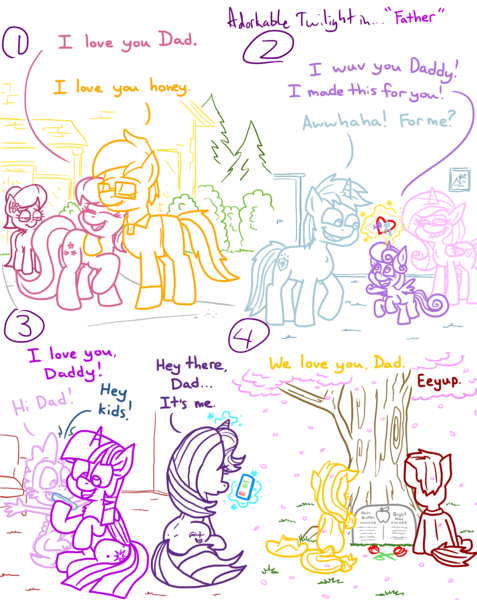 Size: 4779x6013 | Tagged: safe, artist:adorkabletwilightandfriends, derpibooru import, applejack, big macintosh, firelight, lily, lily valley, princess cadance, princess flurry heart, shining armor, spike, starlight glimmer, twilight sparkle, twilight sparkle (alicorn), oc, oc:arum valley, oc:forest valley, alicorn, pony, comic:adorkable twilight and friends, adorkable, adorkable twilight, back, balancing, bedroom eyes, card, cherry blossoms, comic, cute, dad, daddy, dimples, dimples of venus, dork, eyes on the prize, family, father, father and child, father and daughter, father's day, feels, female, flower, flower blossom, grave, gravestone, happy, hat, holding, house, hug, image, implied bright mac, implied pear butter, love, magic, male, mobile phone, mom, mother, phone, png, rear view, relatable, relationship, relationships, sitting, slice of life, smartphone, tree